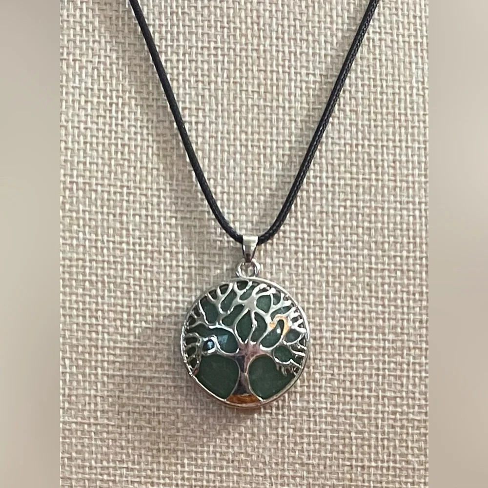 Tree Of Life Over Aventurine Gemstone Silver Cutout Pendant Necklace
